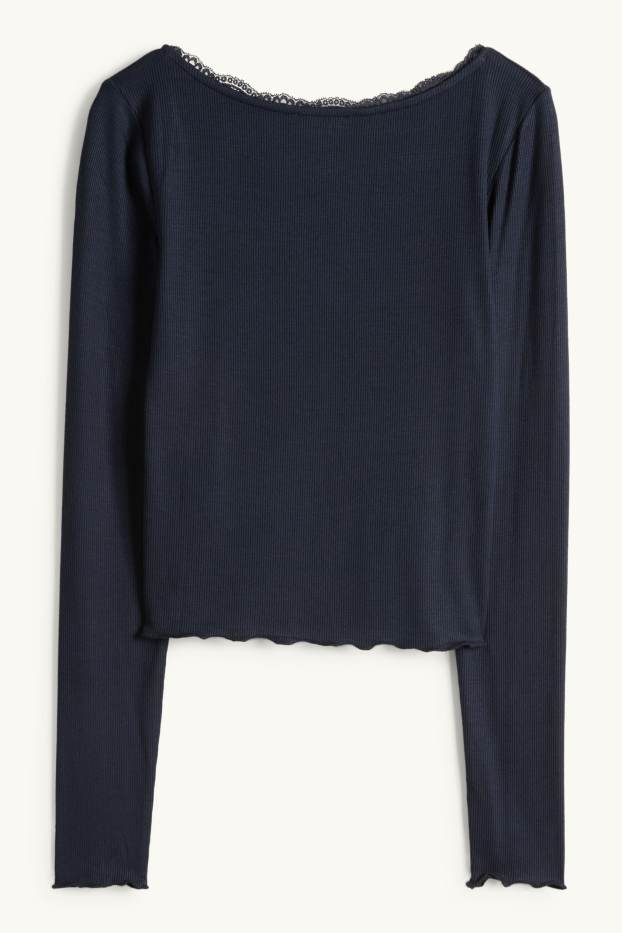 Femmes - Haut court à manches longues - regular fit - finition côtelée - bleu foncé