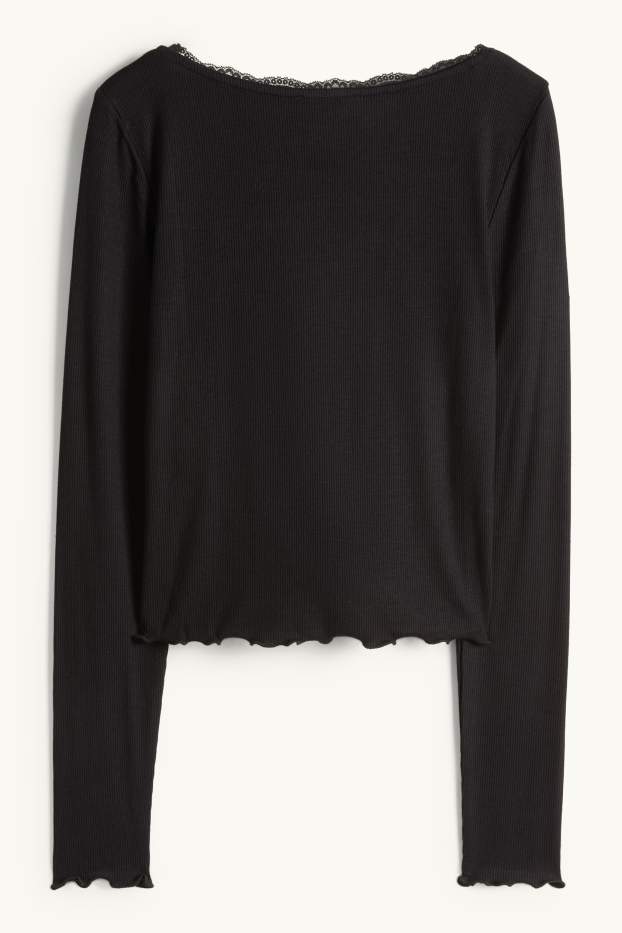 Dames - Korte longsleeve - regular fit - geribd - zwart