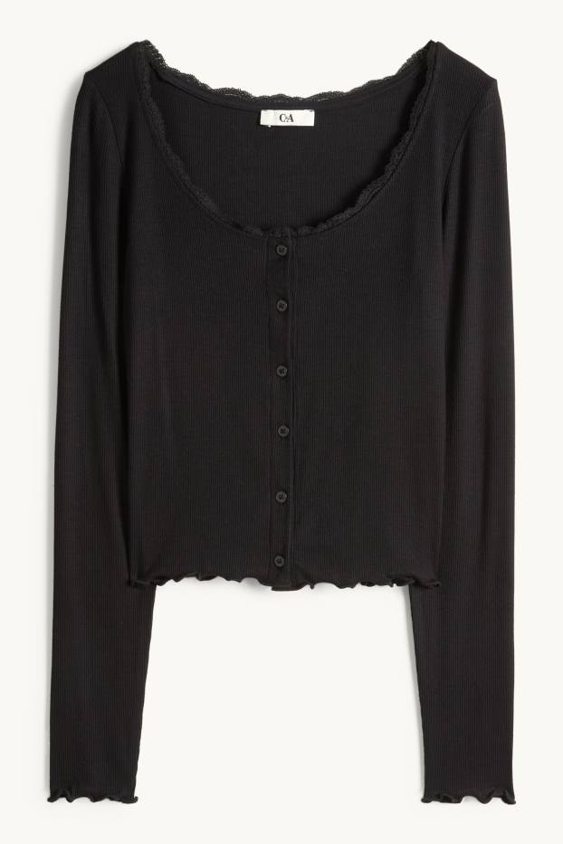 Dames - Korte longsleeve - regular fit - geribd - zwart