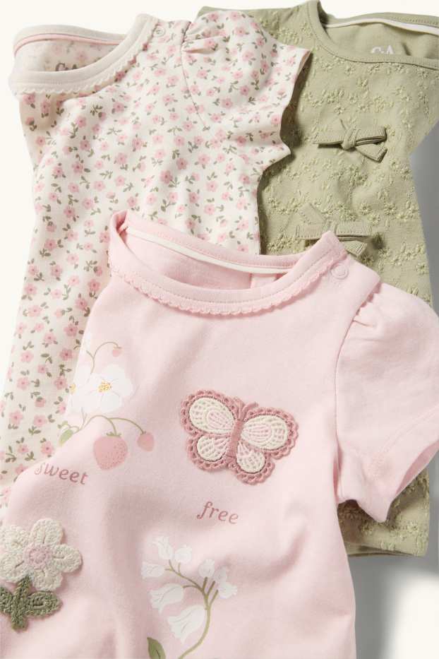 Baby Mädchen - Multipack 3er - Blümchen - Baby-Crochet-Kurzarmshirt - grün / rosa