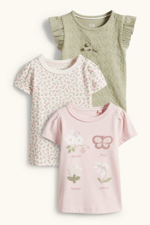 Baby Mädchen - Multipack 3er - Blümchen - Baby-Crochet-Kurzarmshirt - grün / rosa
