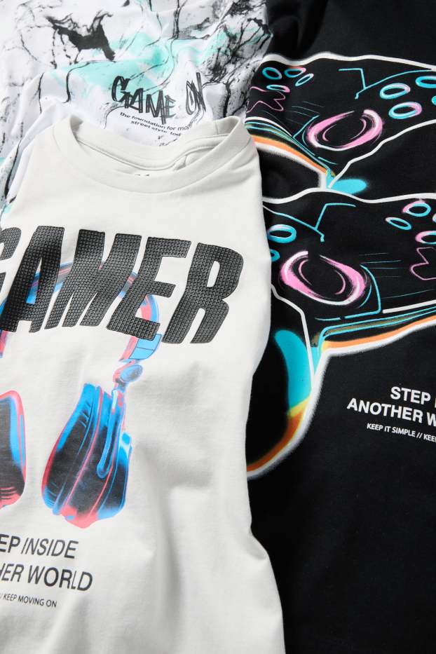 Kinderen: jongens - Set van 3 - gaming - T-shirt - zwart / wit
