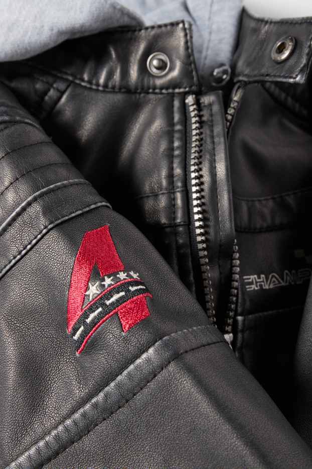 Copii - Băieți - Curse - jachetă de motociclist cu glugă - imitație de piele - gri închis