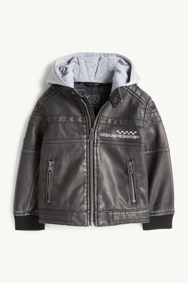 Copii - Băieți - Curse - jachetă de motociclist cu glugă - imitație de piele - gri închis