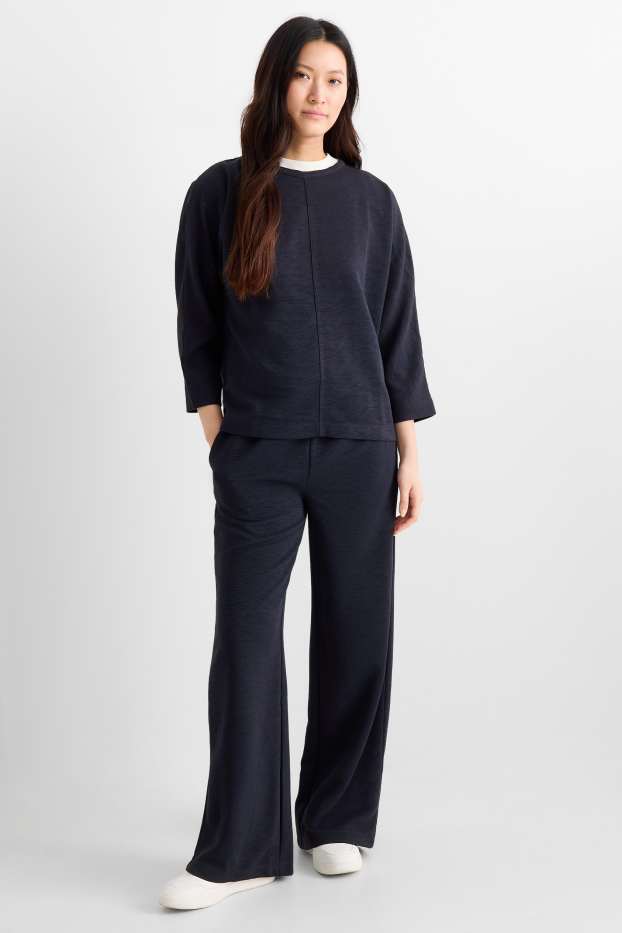 Femmes - Pantalon en jersey - mid waist - regular fit - finition texturée - bleu foncé