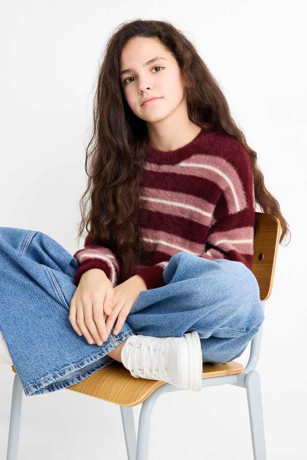 Children Girls - Jumper - striped - rose / red