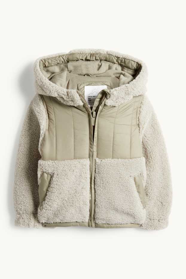 Miminka - chlapci - Teddy bunda s kapucí pro miminka - s výplní - zelená/béžová