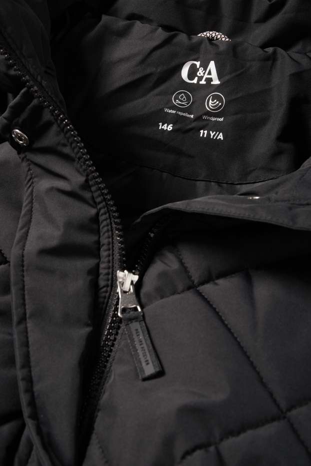 Kinder Mädchen - Steppjacke mit Kapuze - wasserabweisend - schwarz