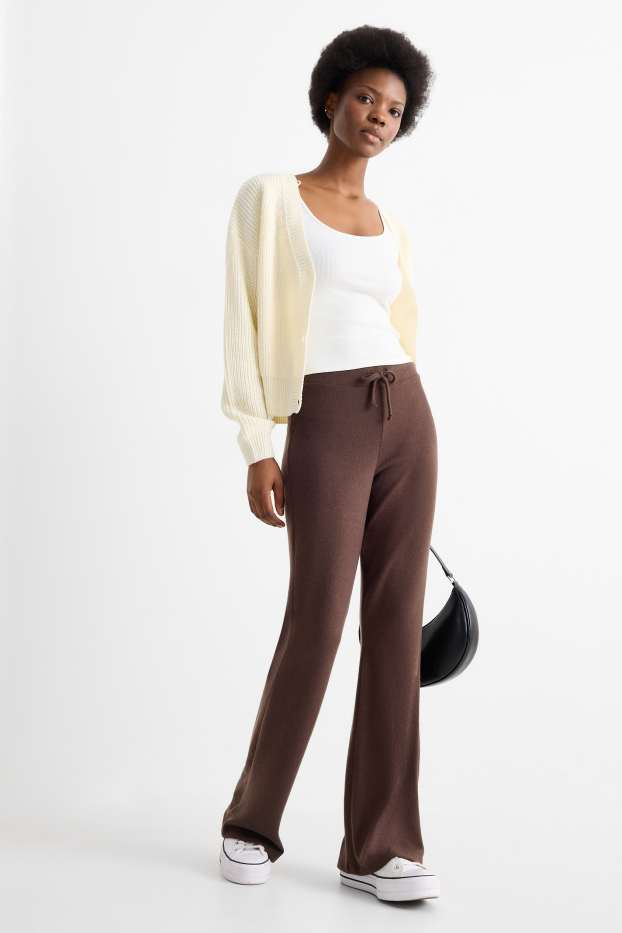 Dámské - Pletené teplákové kalhoty - tmavohnědá