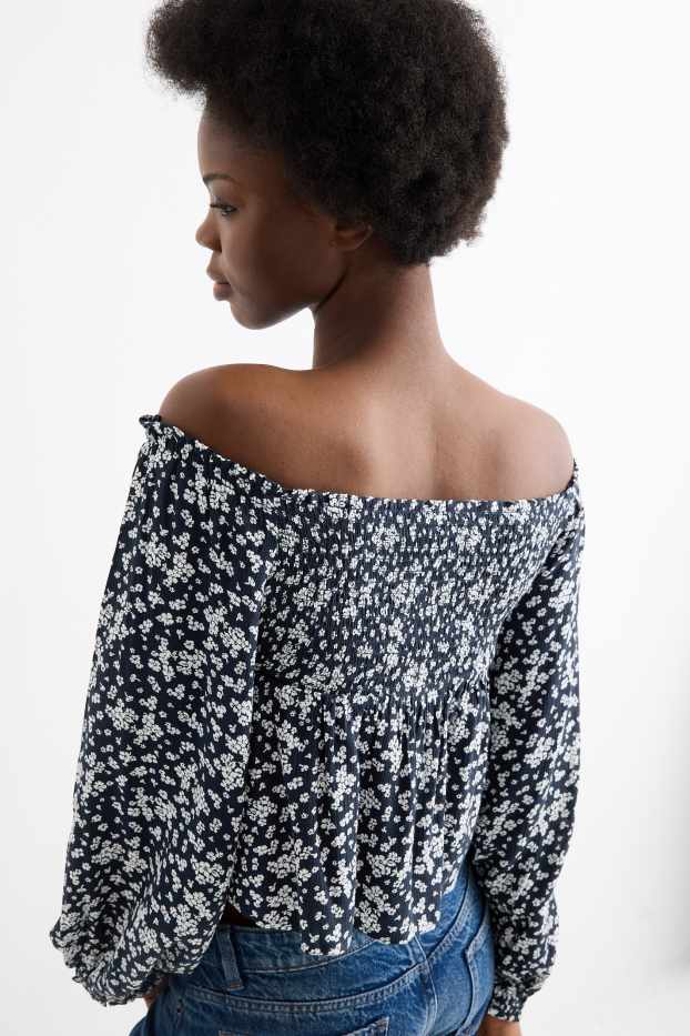 Donna - Blusa corta - arricciata - blu scuro / bianco