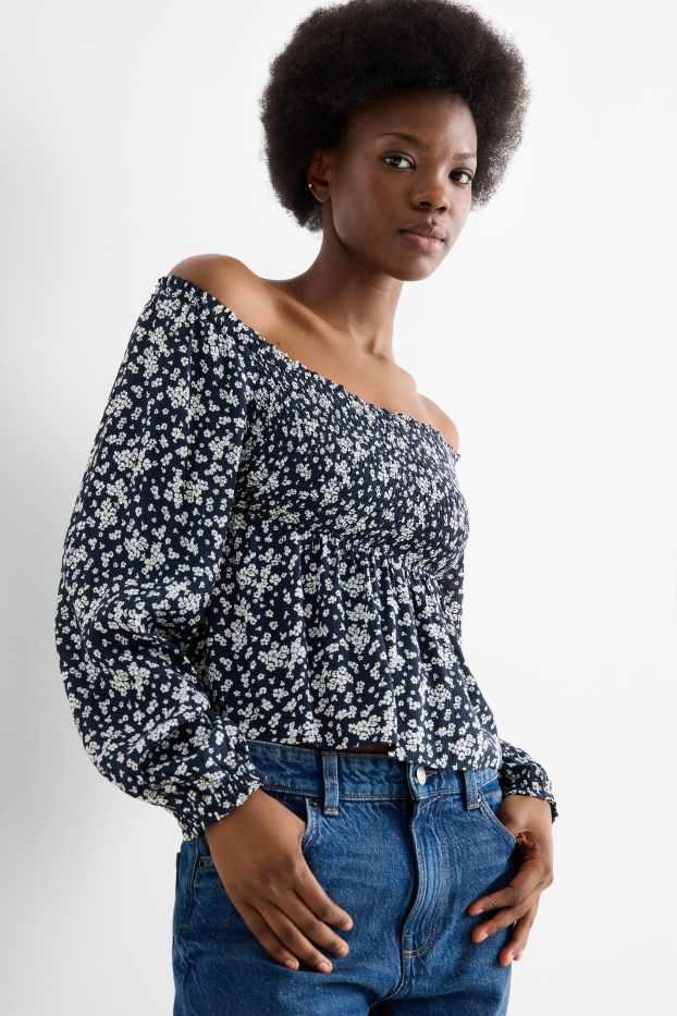 Donna - Blusa corta - arricciata - blu scuro / bianco