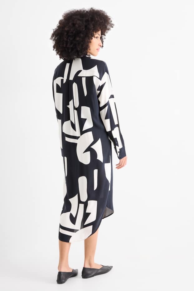 Damen - Viskose-Blusenkleid - gemustert - dunkelblau / weiß