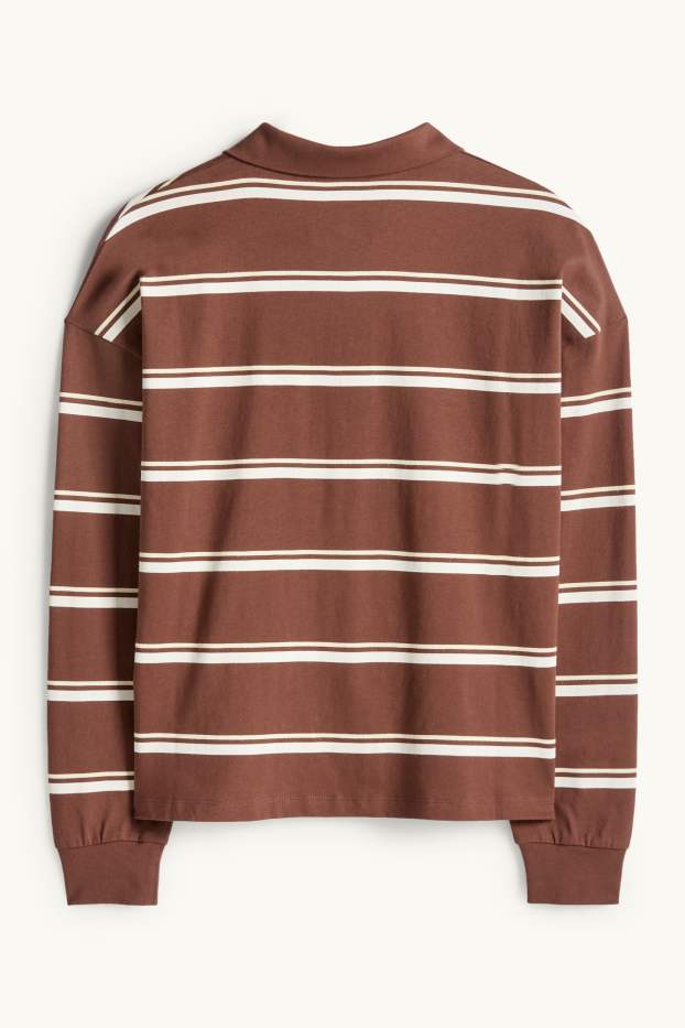 Dames - Poloshirt met lange mouwen - regular fit - gestreept - bruin / crème wit