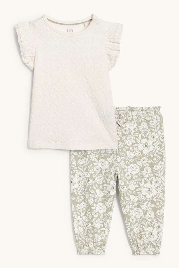 Baby Mädchen - Blümchen - Baby-Outfit - 2 teilig - grün / cremeweiß