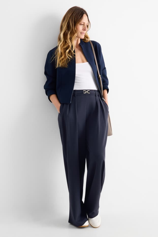 Women - Cloth trousers - high waist - wide leg - dark blue