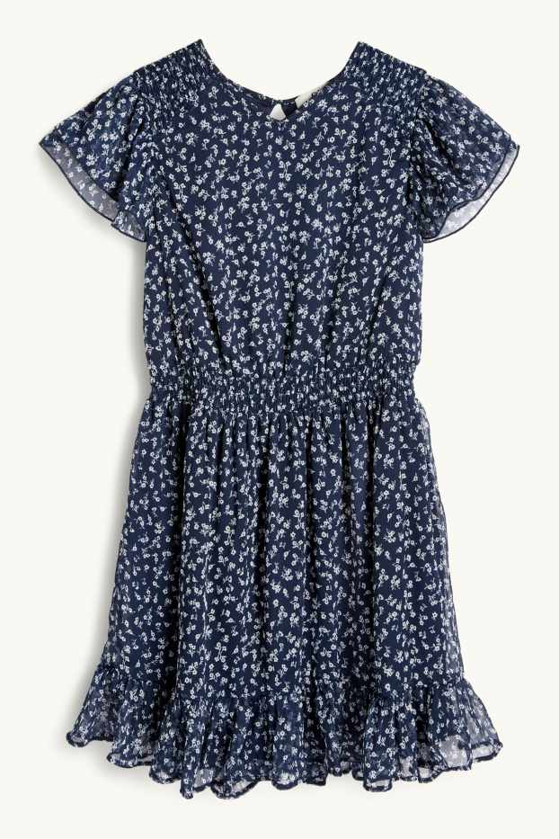 Děti - dívky - Šifonové šaty - s květinovým vzorem - tmavomodrá