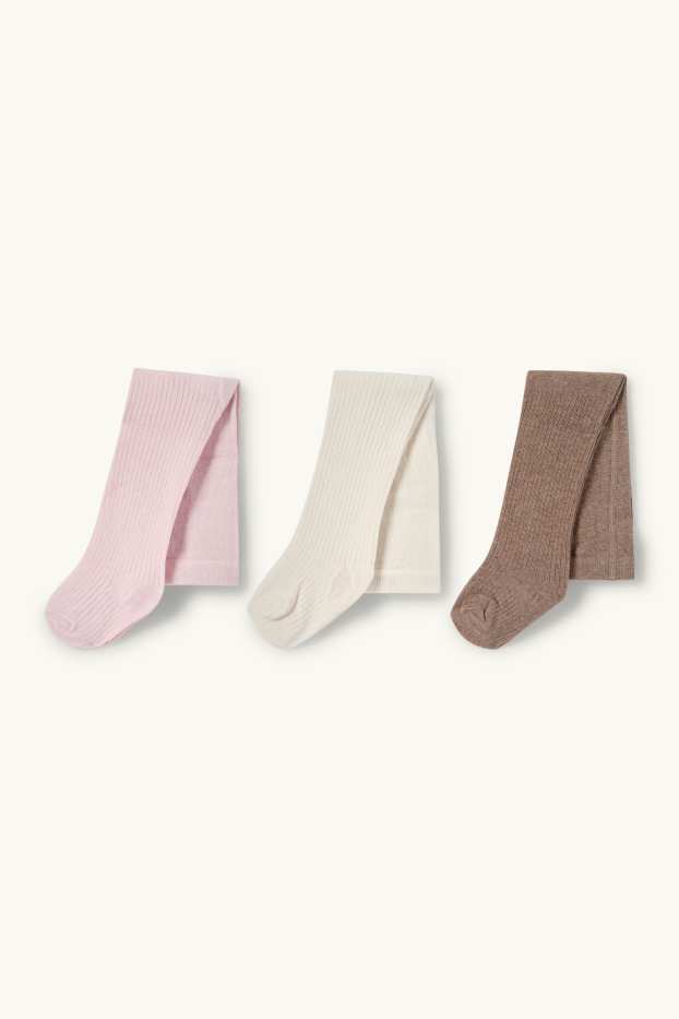 Bébés filles - Lot de 3 paires - collants bébé - finition côtelée - marron / rose