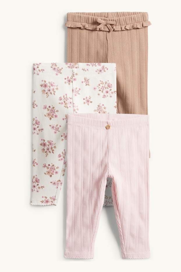 Baby Mädchen - Multipack 3er - Blümchen - Baby-Leggings - gerippt - weiß / rosa