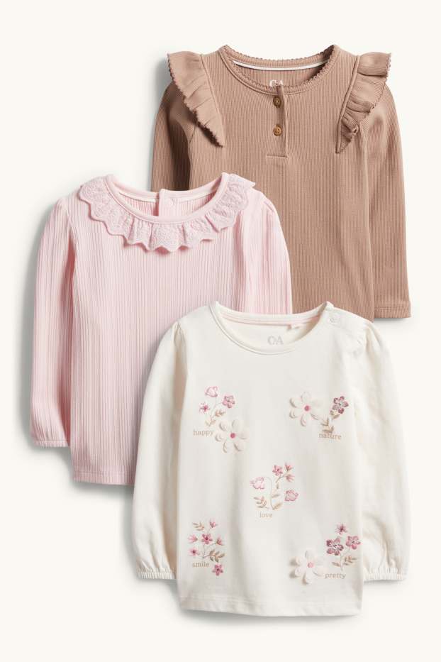 Baby Mädchen - Multipack 3er - Blümchen - Langarmshirt - weiß / rosa