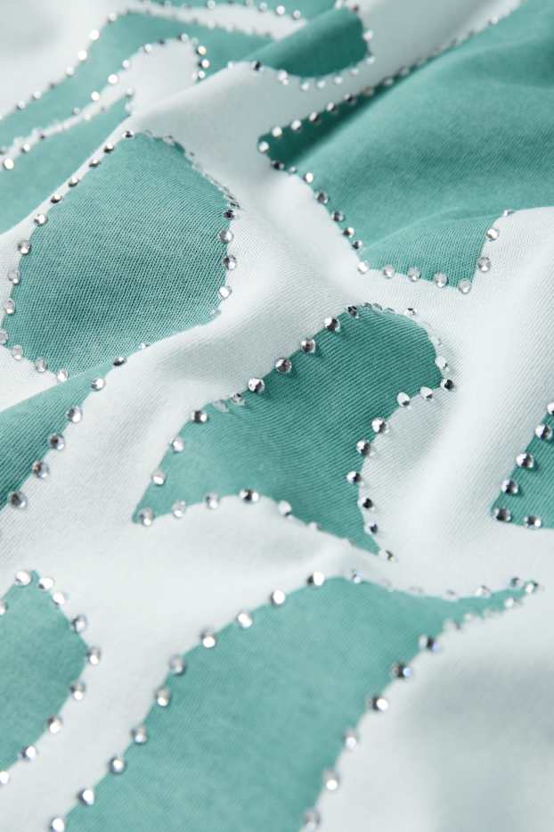 Dámské - Tričko se štrasovými kamínky - regular fit - světle tyrkysová