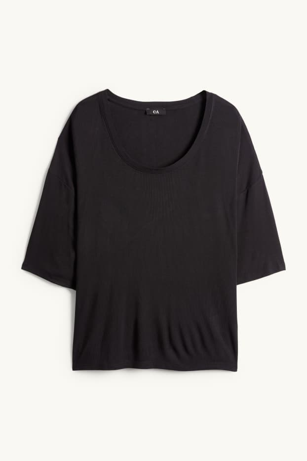 Women - T-shirt - relaxed fit - ribbed - black