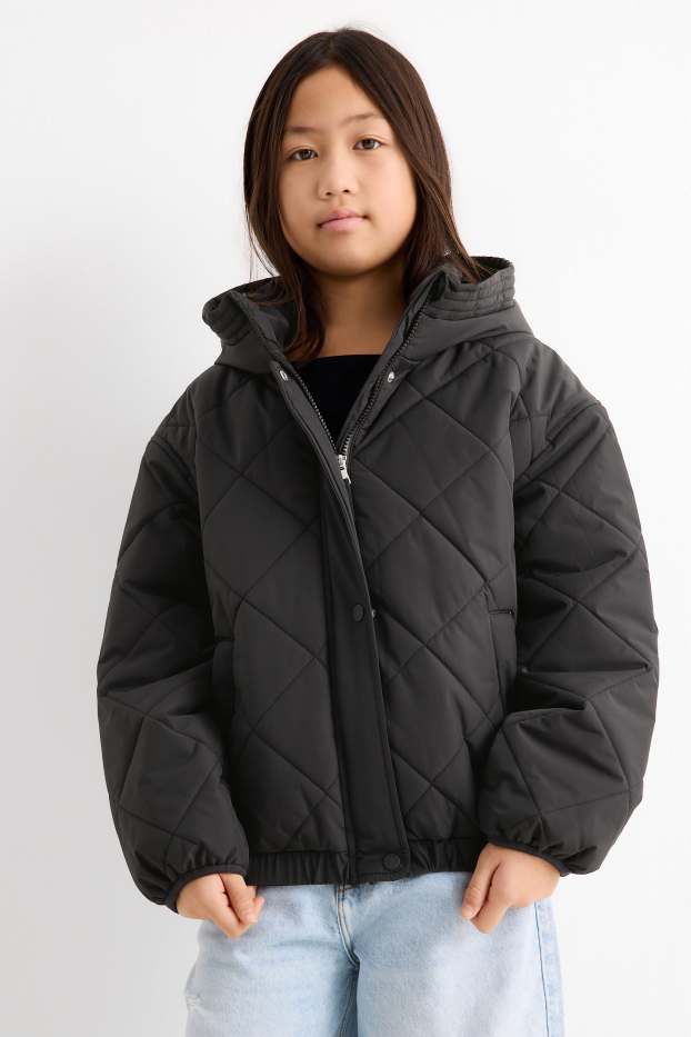 Kinder Mädchen - Steppjacke mit Kapuze - wasserabweisend - schwarz