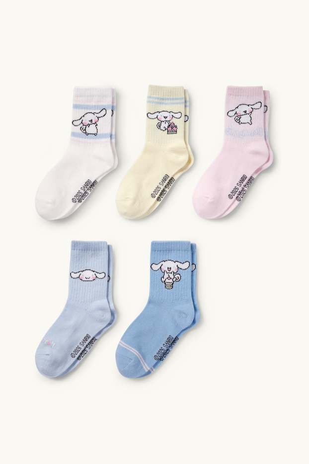 Enfants filles - Lot de 5 paires - Cinnamoroll - chaussettes de tennis à motif - rose / bleu