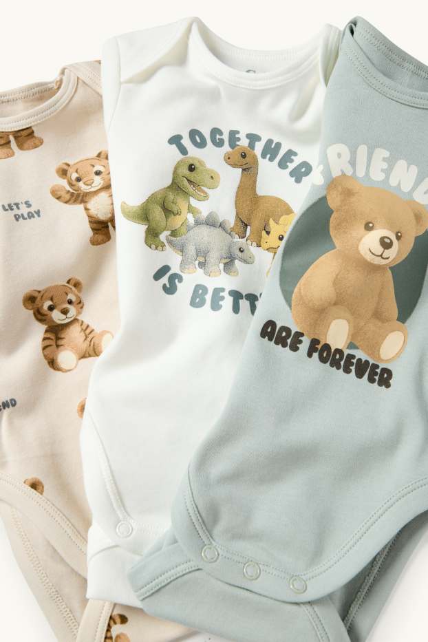 Unisex - Multipack 3er - Teddybär, Dino und Tiger - Baby-Body - hellbeige