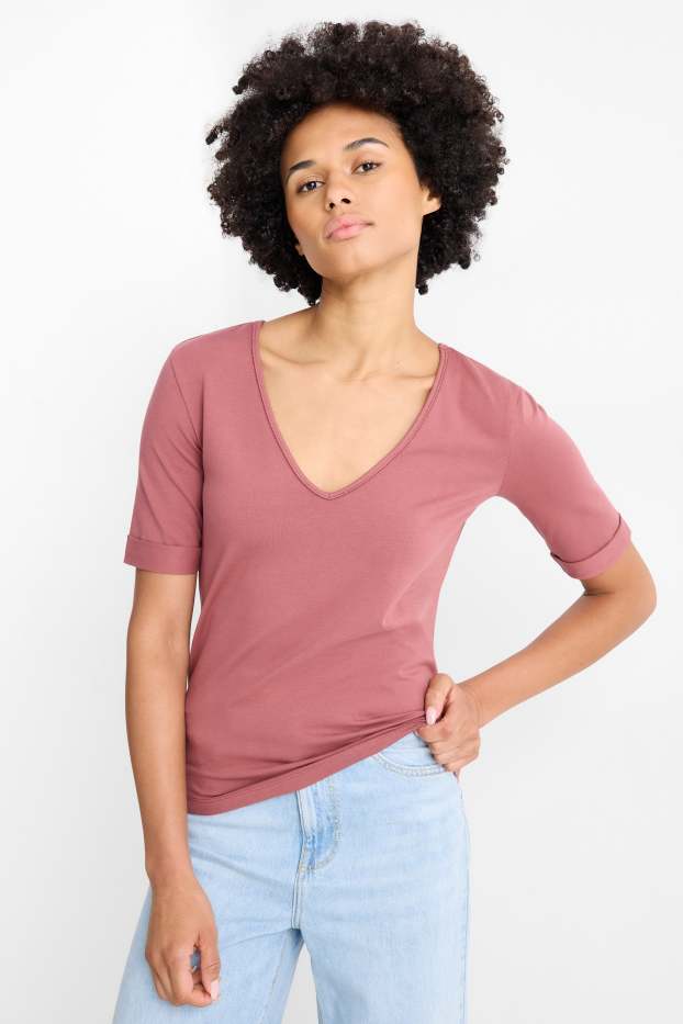 Femmes - T-shirt avec encolure en V - slim fit - rose foncé