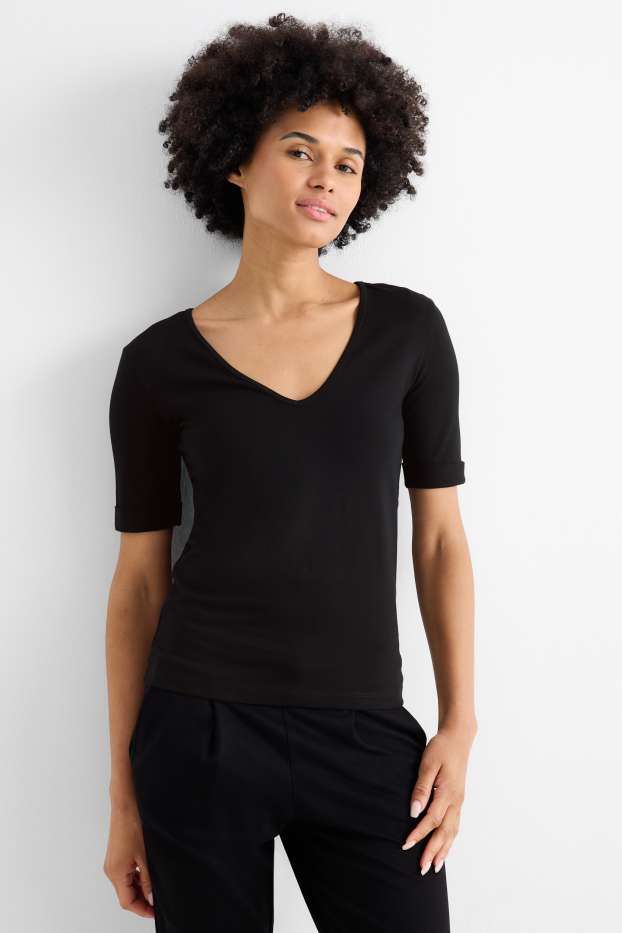 Femmes - T-shirt avec encolure en V - slim fit - noir