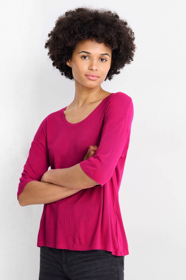 Donna - T-shirt - relaxed fit - a coste - fucsia