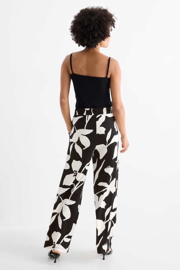 Femei - Pantaloni de stofă - talie medie - straight fit - cu flori - negru / alb