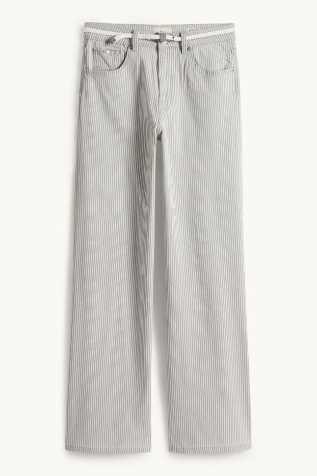 Damen - Wide Leg Jeans mit Gürtel - Mid Waist - gestreift - weiss / grau