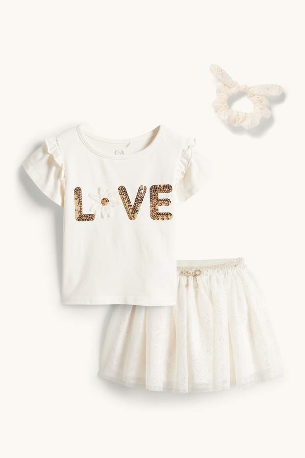 Bambine - Set - maglia a maniche corte, gonna e scrunchie - 3 pezzi - bianco crema