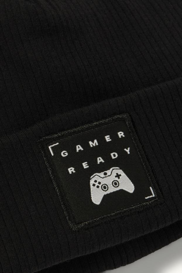 Kinder Buben - Gaming - Mütze - gerippt - schwarz