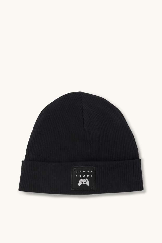 Kinder Buben - Gaming - Mütze - gerippt - schwarz