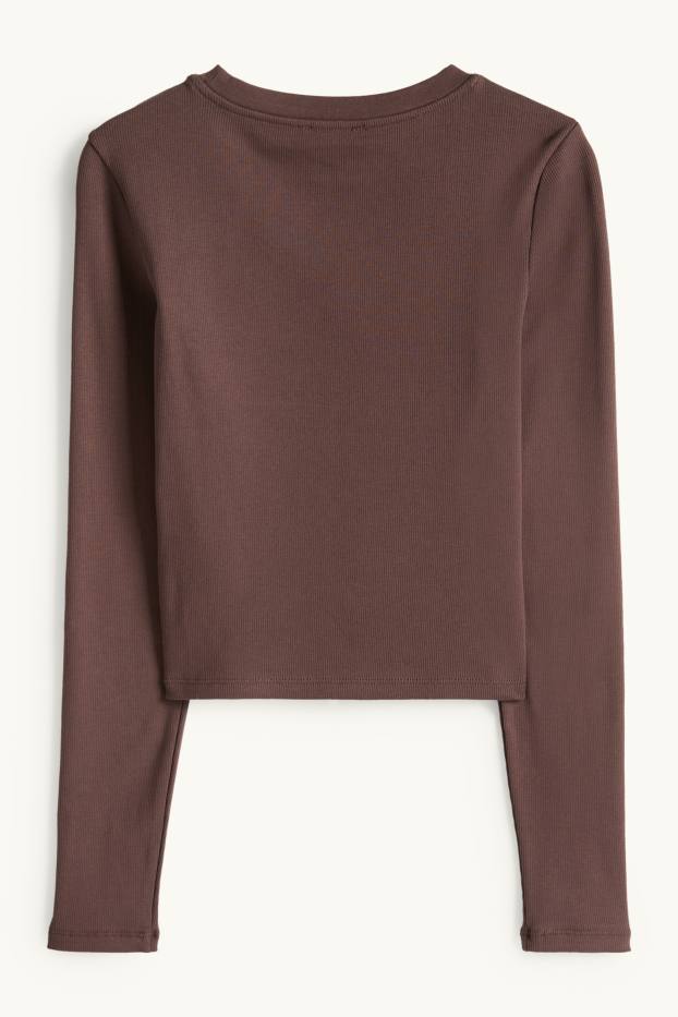 Femmes - Haut court à manches longues - slim fit - côtelé - marron foncé
