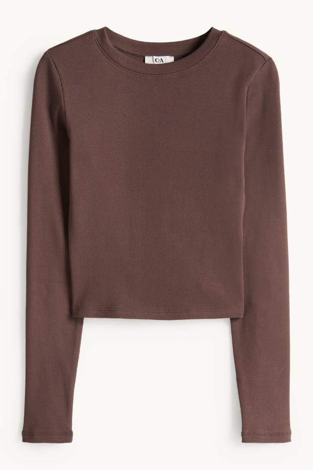 Femmes - Haut court à manches longues - slim fit - côtelé - marron foncé