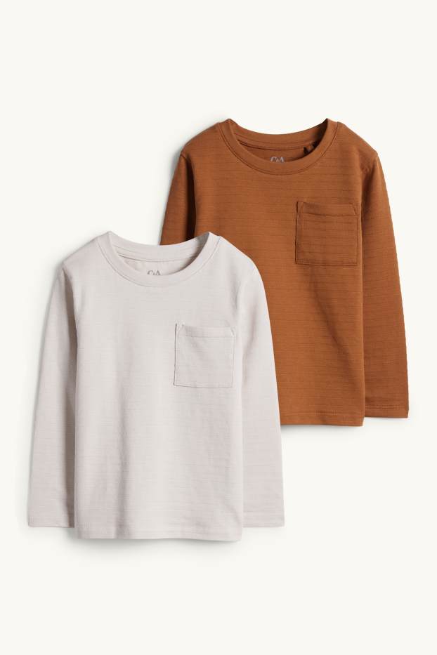 Kinderen: jongens - Set van 2 - longsleeve - gestreept - bruin / crème wit