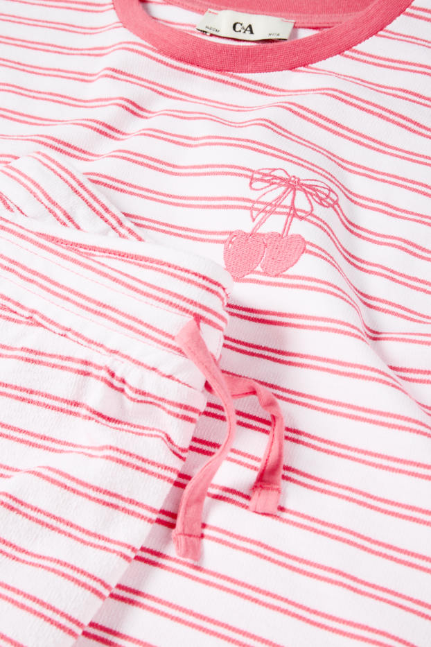 Children Girls - Cherry - terry cloth short pyjamas - 2 piece - striped - white / red