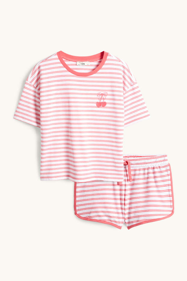 Children Girls - Cherry - terry cloth short pyjamas - 2 piece - striped - white / red