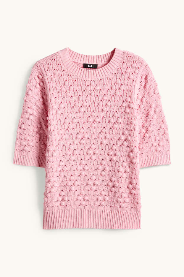 Women - Knitted jumper - short sleeve - textured - pink