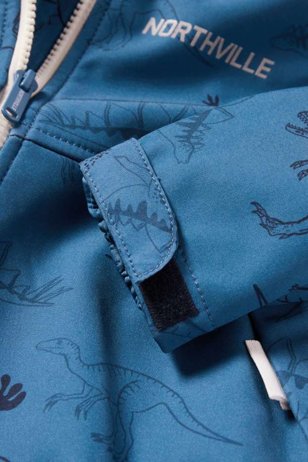 Kinder Jungen - Dino - Softshelljacke mit Kapuze - wasserdicht - blau