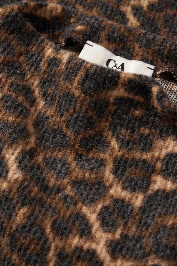 Donna - Maglia corta a maniche lunghe - slim fit - a coste - stampa leopardata - nero / beige