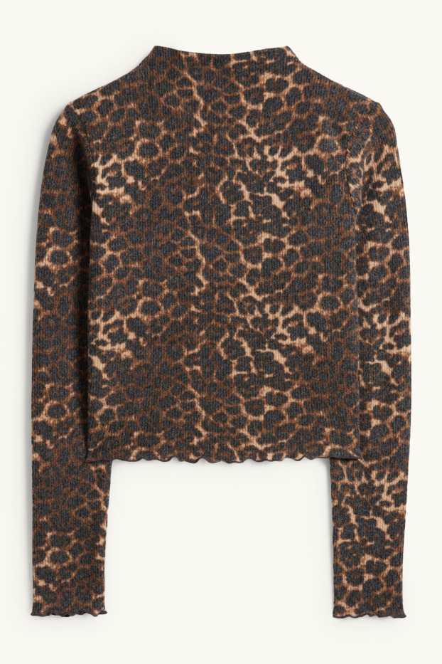 Donna - Maglia corta a maniche lunghe - slim fit - a coste - stampa leopardata - nero / beige