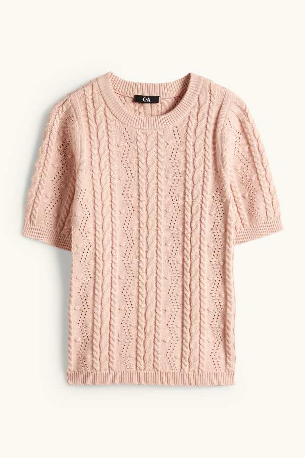 Dámské - Pletený svetr - s krátkým rukávem - copánkový vzor - růžová