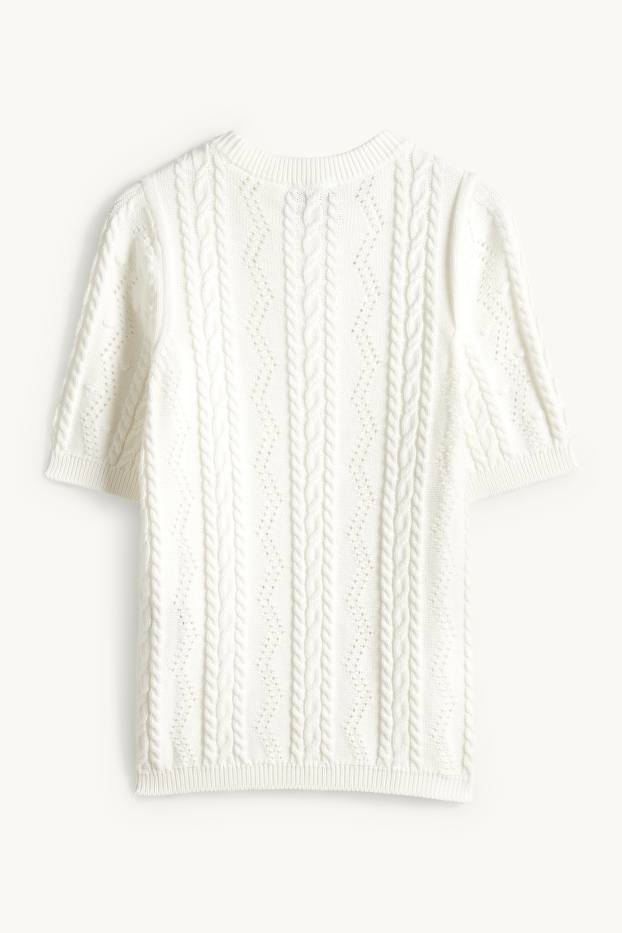 Dámské - Pletený svetr - s krátkým rukávem - copánkový vzor - bílá