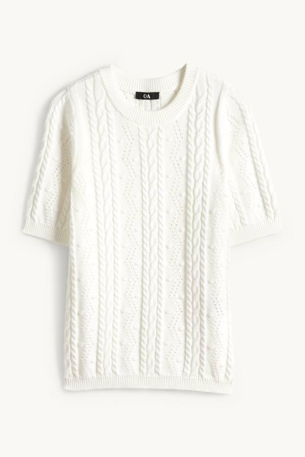 Dámské - Pletený svetr - s krátkým rukávem - copánkový vzor - bílá