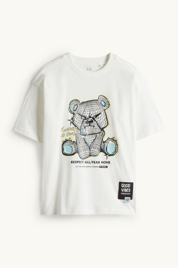 Children Boys - Teddy bear - short sleeve T-shirt - white