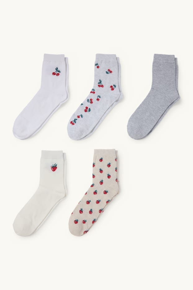 Dames - Set van 5 paar - sokken met motief - kers en aardbei - crème wit